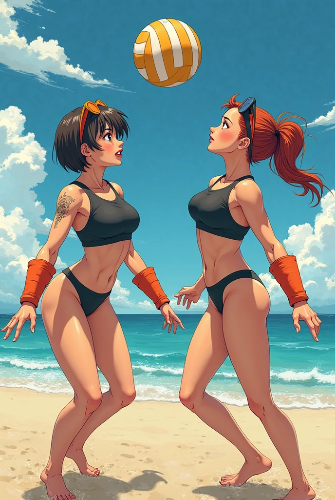 NSFW , on the beach boxing ring ,   Small woman and big woman , Fullbody shot , Wear Monokini swimsuit with pantyhose , Female boxing Face to face, huge breasts.