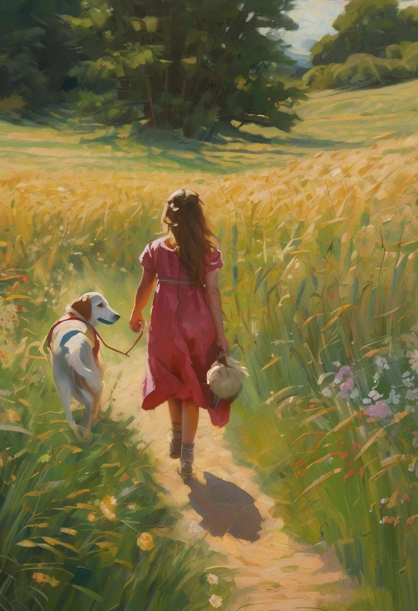 A painting of a dog and a girl walking through a field