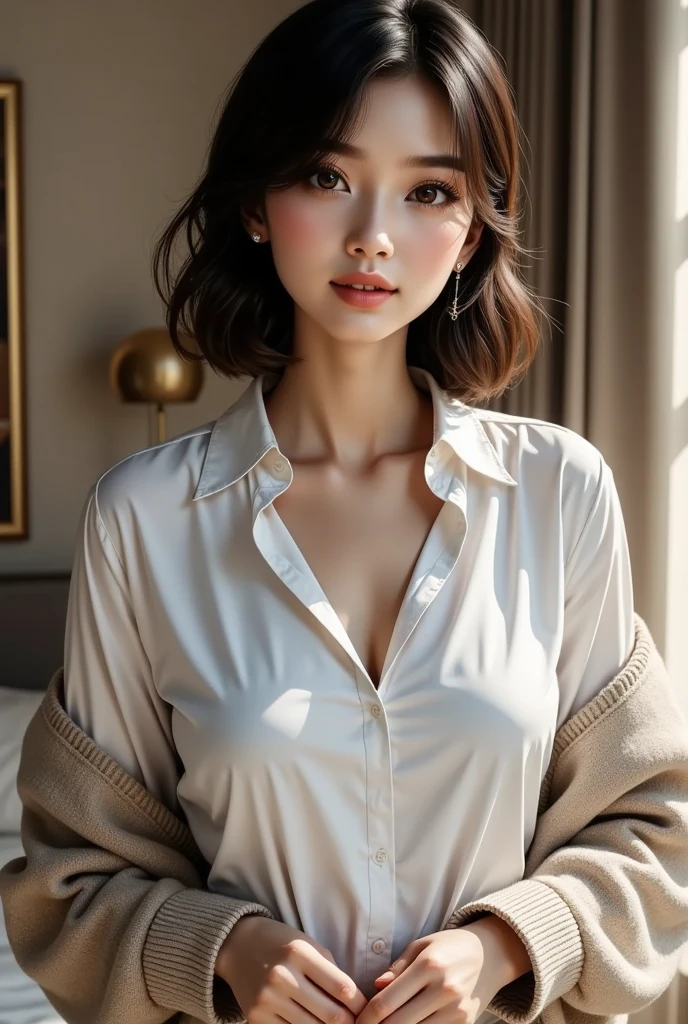 Beautiful mature Japanese woman aged 55, Married women, Delicate features, Long eyelashes, Sparkling eyes, Low Ponytail, Red lipstick, elegant, A great person, Sexy open blouse, skirt, skirt lift, Beige panties, Reveal panties, Pearl Necklace, photograph, Sensual pose, Viewer discretion advised