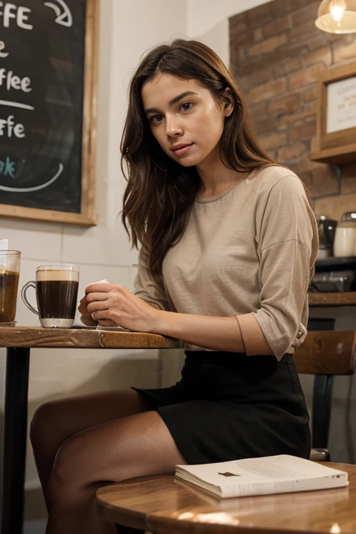 Jeune femme de 25 ans, brune, extrêmement réaliste, tenue casual chic, vêtement détaillés, qui prend son café à la terrasse d'un country club de luxe