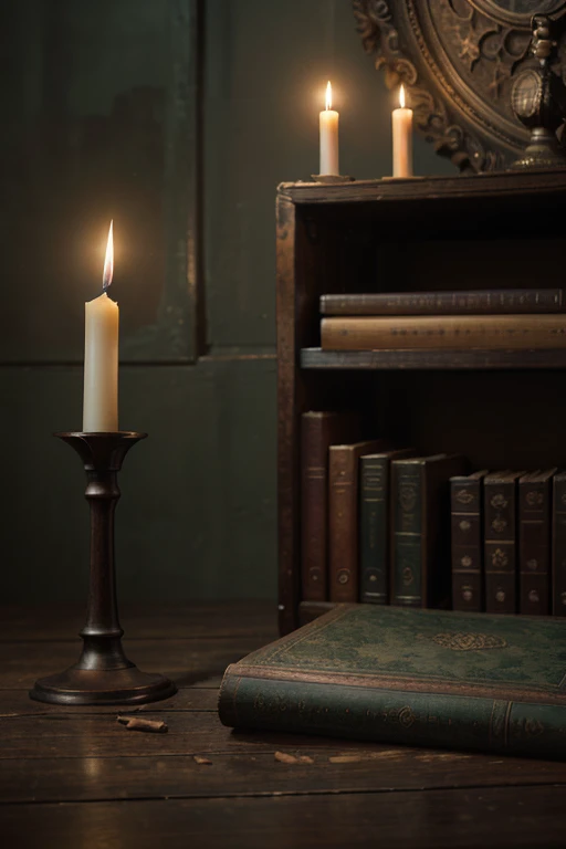 a bowl of fruits, a Stradivari violin, an old book, a candlestick, withering flowers, are on an old wooden table,  ((objects in realistic scale)), close-up photo, RAW,  8k, uhd, perfect angle, outstanding details, ultra high resolution, (realism: 1.6),  favor details, the background is a 18th century Baroque castle room environment, Bokeh, cinematics