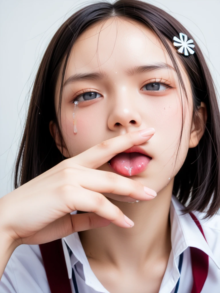 highest quality, Detailed workmanship、high resolution、(8K, High resolution:1.2)、raw photo, photorealistic、slender body shape、high definition face、Face is in focus、high definition eyes、(Focused, symmetrical pupils:1.2)、High-definition and beautiful skin、firm skin、natural makeup、gross lip, High-definition hair texture、masterpiece、japanese woman、high school girl、、very cute, very short hair break (high school uniform:1.3) break classroom、(very embarrassed:1.3), (blush:1.3), (Sad face:1.3)、(Watery eye:1.2)、Looking up at the camera、(mouth open:1.2)、(cum on face:1.6)、(I put my hand over my mouth:1.3)、(various shooting angles:1.3)、medium breast, nsfw