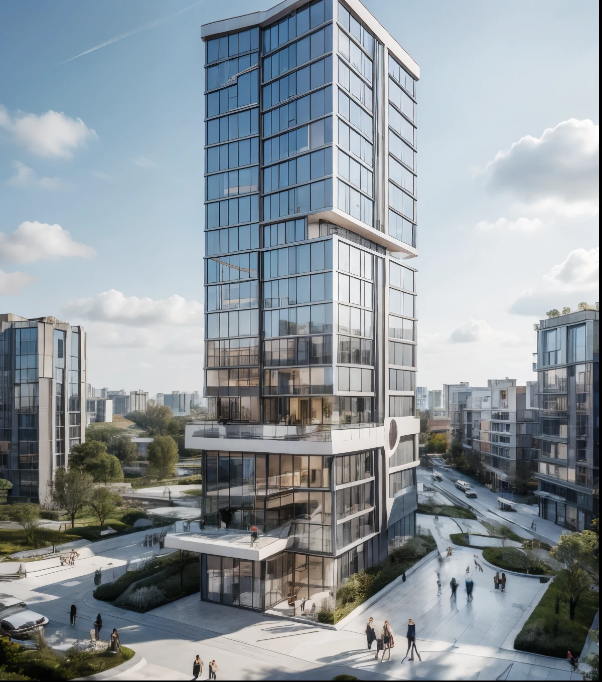 Realistic apartment building render, glazed, cloudy sky,