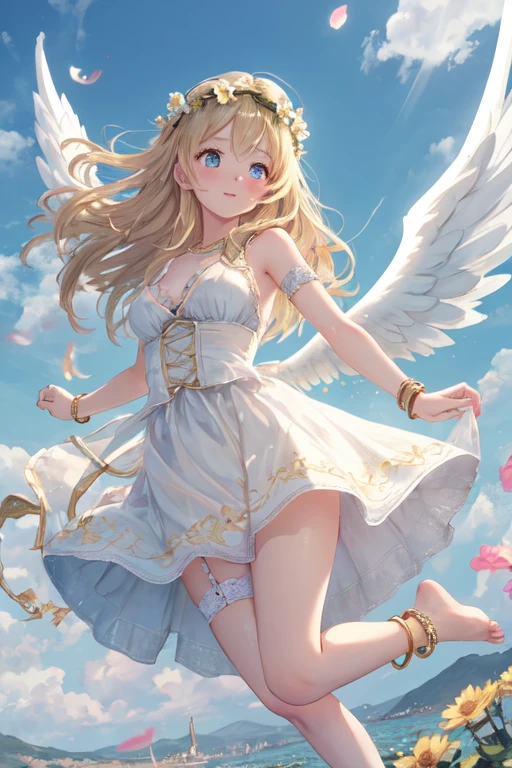 wht1,Absolute area,Open mouth smile,Beautiful background,best quality,masterpiece,Angel Girl, young,12 years old,Blonde with wings, Heart neckline,Holding a bow and arrow