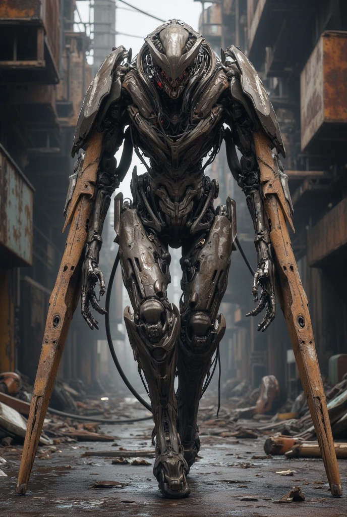 human creature deformed, mutated enemies with distorted human features and mechanical enhancements. These creatures should evoke a sense of horror and unease, showcasing the dark side of the game's world. Make their limbs elongated and twisted, decayed industrial complex with elements of advanced technology background and rusted metal skin with exposed circuitry and sense of movement or tension