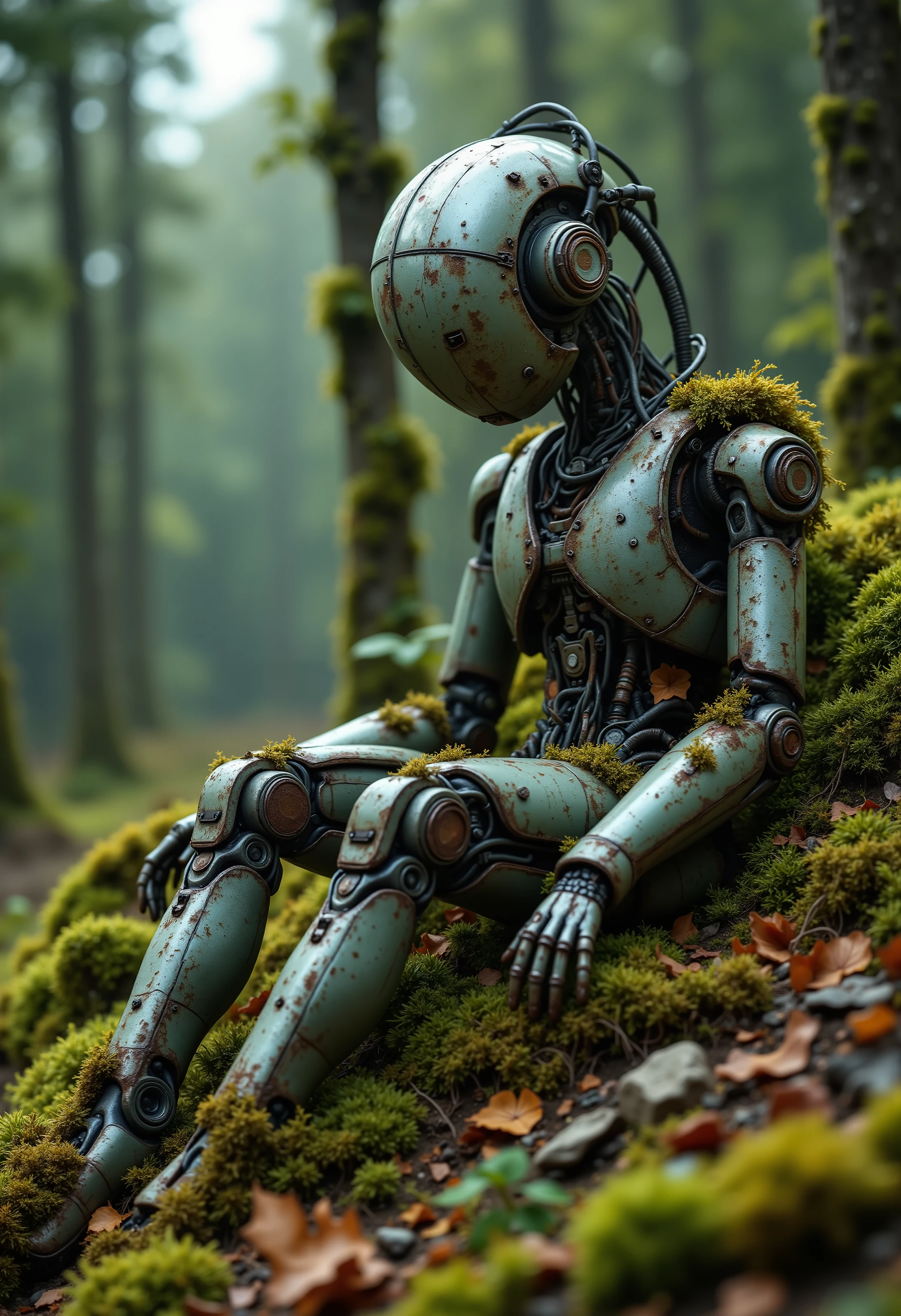 Broken robot、Robots that have stopped functioning、Decaying 、Moss grows all around、Before returning to nature、One with nature、Rust and Wiring、森の中に静かな座るロボットBroken robot、covered in moss、Blends in with nature、 in harmony with nature 、Rusted Parts and Wiring、robots that sit quietly in the woods/4K、The moment you reach the ultimate fine、realistic、Professional、HDR、studio lighting、Extreme Detailed Expression、Vivid Colors、Bokeh/Landscape、fantasy、cyberpunk、Mechanical/Digital Illustration、3D Rendering/Dark Green、blue、gray、orange/Highly Detailed、Extremely Delicate Modeling、NATURAL MOTION、Uniform Color、Harmonious Composition