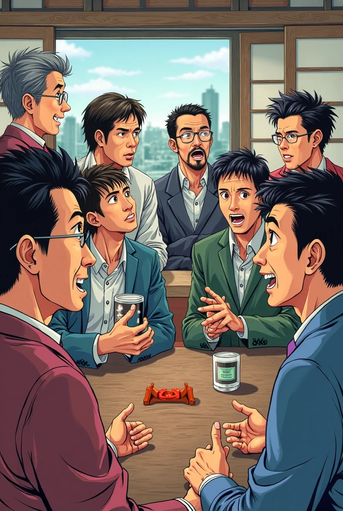 Manhwa Style,Four middle-aged greasy uncles playing mahjong in the private room of the tea house,Private room 10 square meters,There is a multi-purpose mahjong lamp overhead,The setting is quaint,Dark brown trim,Tsinghua University is on the wall、Petroleum University、Decoration of the logo of the crescent taxi company。One of them, a stocky man with glasses in his 40s, drank Red Bull and spat swear words(The content of the swear word is don't nonsense);A tall, muscular man in his 40s with split-headed glasses smokes a Chinese cigarette in a broad-necked shirt;An uncle in his 50s, of medium stature, slightly curly hair, and a vicissitudes of life, drinks iced Coke;A man in his 40s who was slightly bowed up croaked his teeth and smiled and pushed down Hu Dai