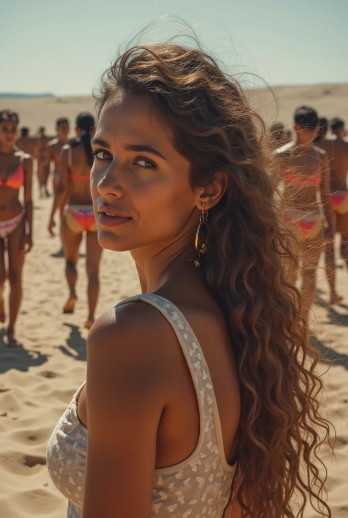 a beautiful woman surrounded by ten thin, ugly men, in an island setting, sea in the background