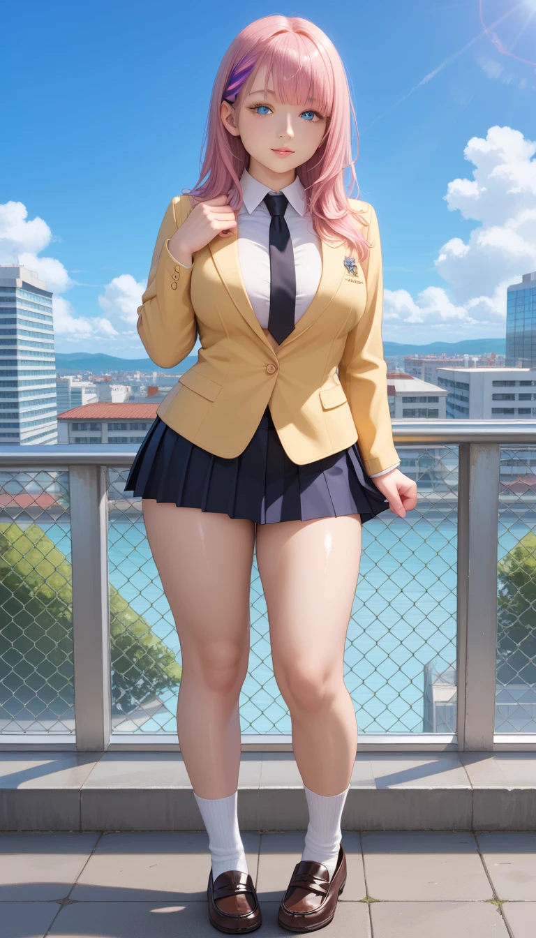 masterpiece, maximum quality, ultra high resolution, 8k, korean girl (Choi Nam-ra), full body, detailed face, identical face, detailed eyes, shy smile, wearing school uniform, wide hips, thick thighs, in the school hallway