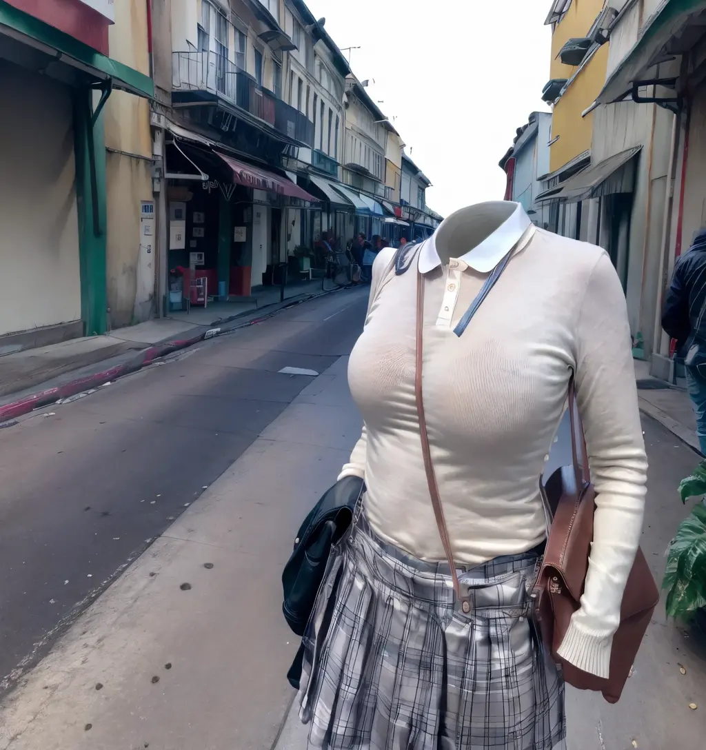 (invisible, no humans, headless, handless, faceless:1.5),cute big breasts, dynamic angle, school bag, RAW Photos, Highest quality, Realistic, Written boundary depth, Lens flare, Realistic background、Bag strap between chest、A fitted white polo shirt、Navy blue pleated skirt、Large Breasts:1.3、(masterpiece:1.2), best quality, high resolution, (8k, RAW photo, best quality, masterpiece:1.2), (realistic, photo-realistic:1.37), photon mapping, radiosity, ((Hasselblad photography)), physically-based rendering