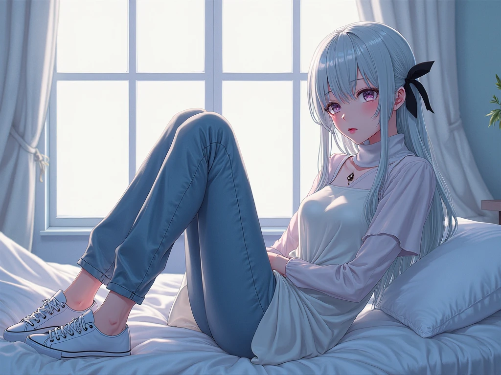 1girl, ebenya, looking at viewer, white hair, neko, cat ears, cat tail, white shirt, shorts, open clothes, lying on the floor, side view