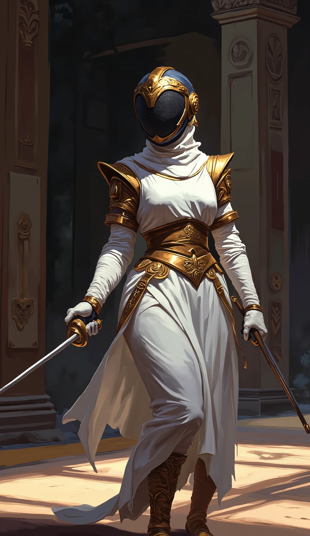 long shot,full body view, athena goddess of sport the fencing, she is fencer, looks like greek goddness Athena, holding (épée), ((wearing greek warior helmet which is combined with fencing mask), ((wearing ancient greek goddness outfit)),(greek golden ornamnets) oil art, 4k, dynamic pose, sport fencing hall in the background