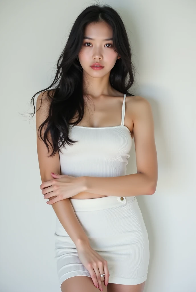 (((best quality))),(((ultra detailed))),(((masterpiece))),illustration,((1 beautiful girl,solo)),((slim,thin)),((small breasts,flat chest)),(shoulder length straight hair:1.2),summer afternoon,((unfinished concrete room,alluring,gray walls)),(short sleeves:1.2),(black lace dress:1.3),(slender legs:1.2),seductive,elegant,full bosom,fair skin,golden strands,delicate features,deep brown eyes,mischief,mystery,enchanting smile,vibrant red lips,serene beauty,self-assuredness,industrial ambiance,raw cement walls,exposed pipes,sexuality,allure,refined beauty,compelling visual narrative,seductive gaze,elegant posture,industrial backdrop,lasting impression,((standing,from front,upper body))
