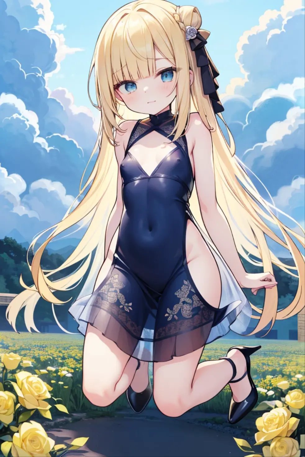 Yellow Hair,Blue eyes,Carly,Adorable,((A look at the see-through navy blue mini dress)),Blue high heels on her feet,whole body,Fingers and arms are not exposed,Blue rose flower field in the background,Blue sky and white clouds,,Happy expression,High quality light and shadow,Artistic Sense((Hair Bun))(Very long hair))((Blunt bangs))((Bitch))((tsurime))((Big eyes))((Skinny body))((expensive))(Pale skin))((Botanical Prints))((infant))((Showing nipples under shirt))(Pale skin))((Botanical Prints))((infant))((nsfw))(((()))(((infant)))((Lolita)((Nalower body))
