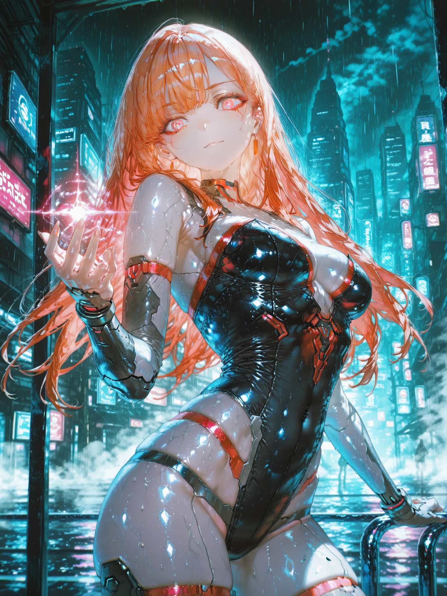 (Rear view, Rear view),(best quality,high resolution,Ultra Detailed,Practical)、(future ciborg :1.4) , Cyberpunk、Big buttocks、kneel、An electronic visor is attached to the face of a 12-year-old girl，Focus on the hip skirt revealing white:1.4)  ,future Red latex body,modo Cyberpunk、Strike sexy poses、(Lower body clothing、Breast enlargement、(Background neon lights in dark city at night.:1.4),Unreal Engine:1.4,HD,La best quality:1.4, Realistic:1.4, Texture:1.4, masterpiece:1.8,masterpiece, best quality,（Beautiful blue eyes ）,( Neon Pink),(Perfect anatomical structure :1.4 ),(ciborg future bodysuit orange:1.4 ) ,(future:1.4), (Big ass and buttocks),( Convex detailed fingers),( Kawaii Angel:1.4), (BackgroundAlleyWallBigStoneNight:1.4) huge , Crazy breast swelling, Chest larger than shoulder blades, Big breasts and thin waist，(huge breasts:1.2)，Hydrated skin（（rogue））（（非常huge乳房）），（（Grooves reveal original skin）)