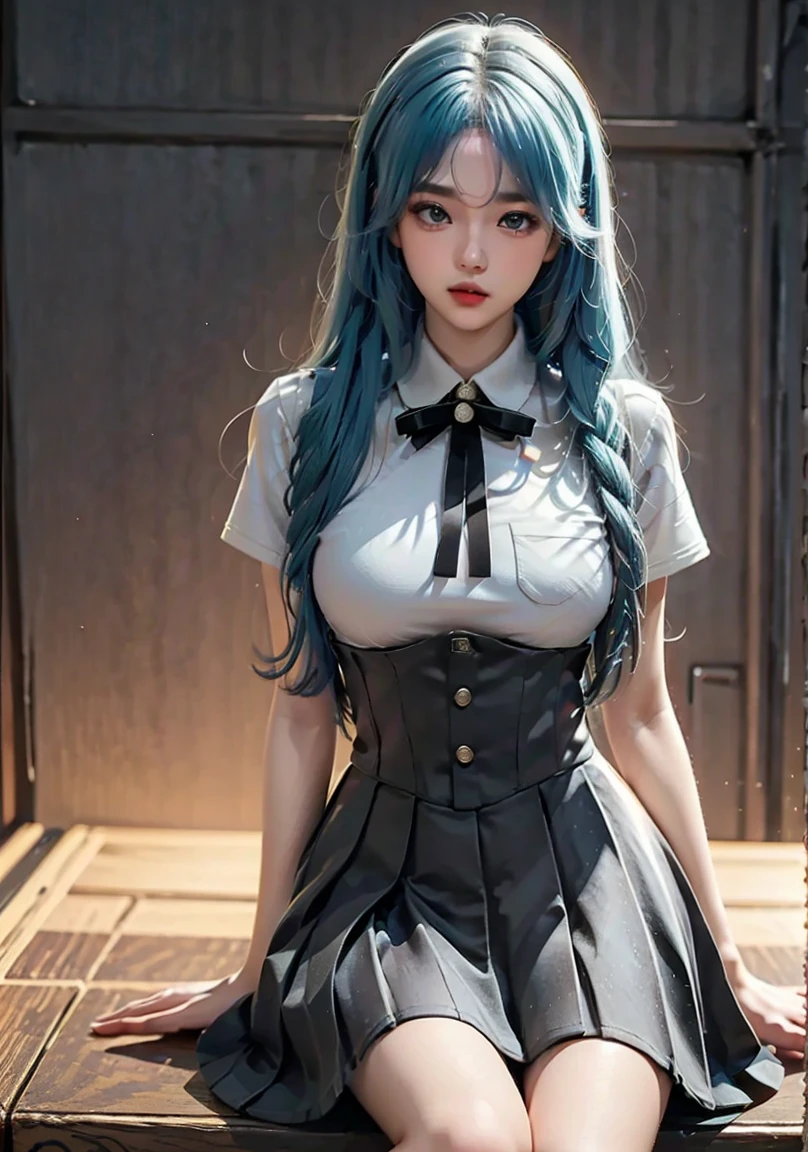 ((Best Quality, 8K, Masterpiece:1.3)), (Large Breasts:1.3), (Huge Breasts:1.3), Reality, (Detailed:1.4) A woman with white clothes and black short skirt posing at the room, sitting on the table, fashion cheongsam, beautiful woman, a woman with long hair, ponytails, green blue hair, smooth hair, detailed hair, a woman with eyes shadow and double eyelids, detailed face, perfect body, nice thigh, thick thigh, nice booty, perfect butt, 1girl, beauty earing, woman with bag in hand, beautiful alluring woman, maya fey from ace attorney, seductive girl, beautiful alluring girl teen, attractive girl, UHD, Ultra Realistic, extremely detailed, tfft