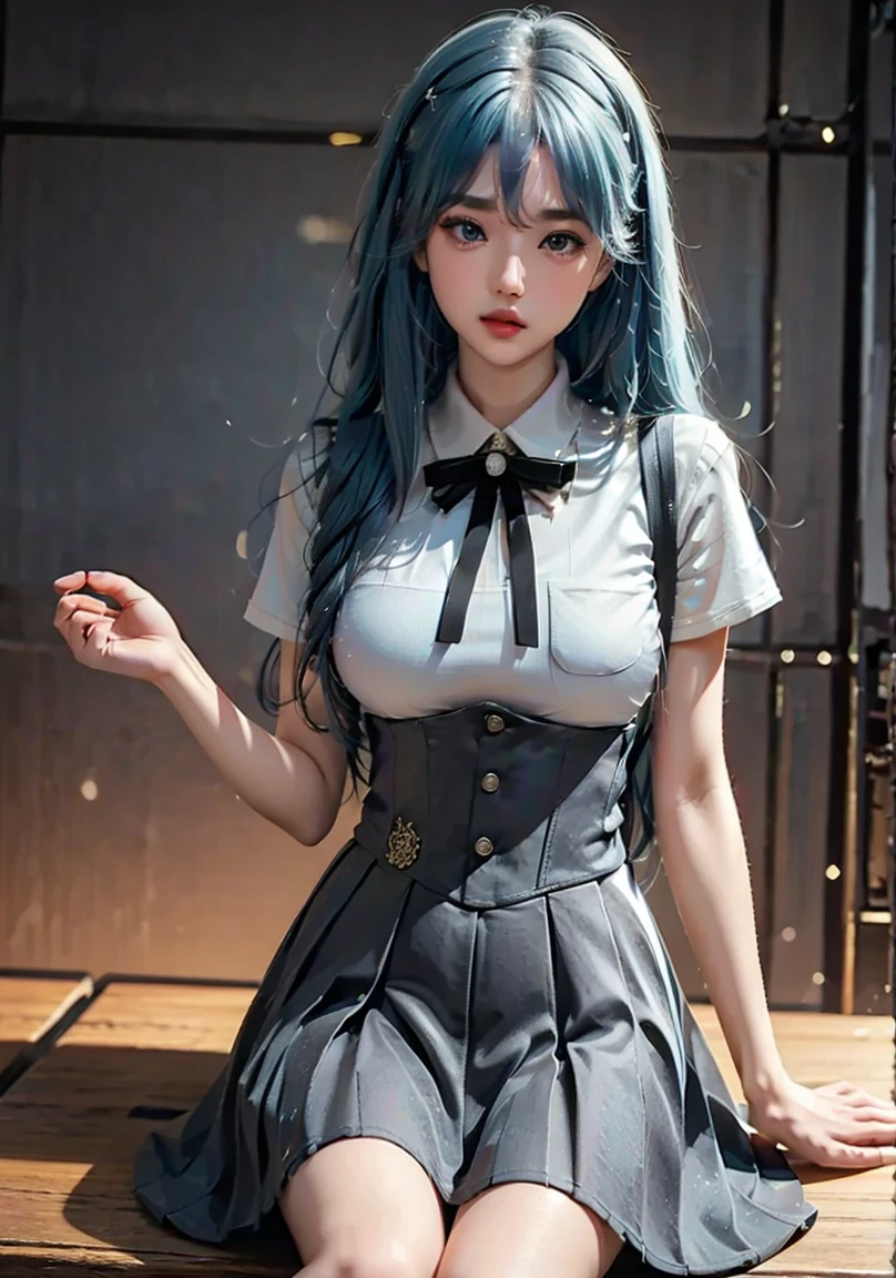 Anime - Stylistic image of a woman in a white shirt and a black skirt, seductive anime girls, Smooth anime CG art, On a table, beautiful and seductive anime woman, Surrealism female students, Realistic schoolgirl, Surrealism female students, 2 b, 2b, sakimichan, [ 4 K digital art ]!!, Perfect white haired girl，huge tit，Blush，