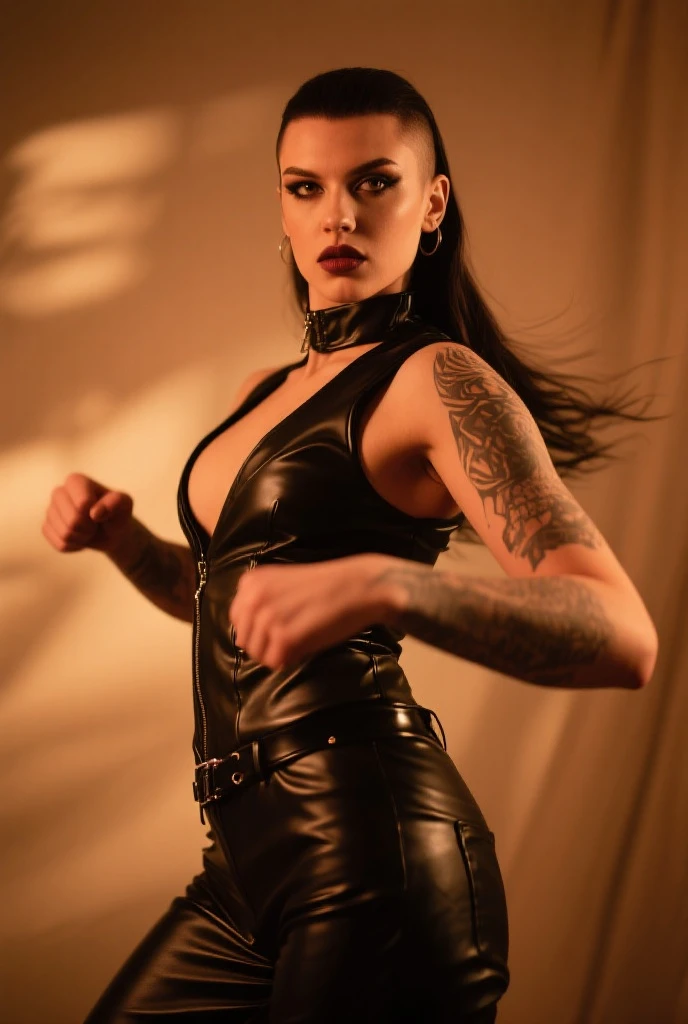 a slim, realistic girl with white skin and thin face, beautiful detailed eyes with black irises, beautiful detailed eyebrows, long straight red hair, short leather outfits in rock'n roll style, facial piercings, spider web tattoos on her face and in arms, black and white modern shapes background, best quality, 4k, 8k, high resolution, masterpiece: 1.2, ultra-detailed, realistic, photorealistic, photorealistic: 1.37, HDR, UHD, studio lighting, ultra-thin painting, focus sharp, physically based rendering, extreme detailed description, professional, vivid colors, bokeh, portraits, horror, concept artists
