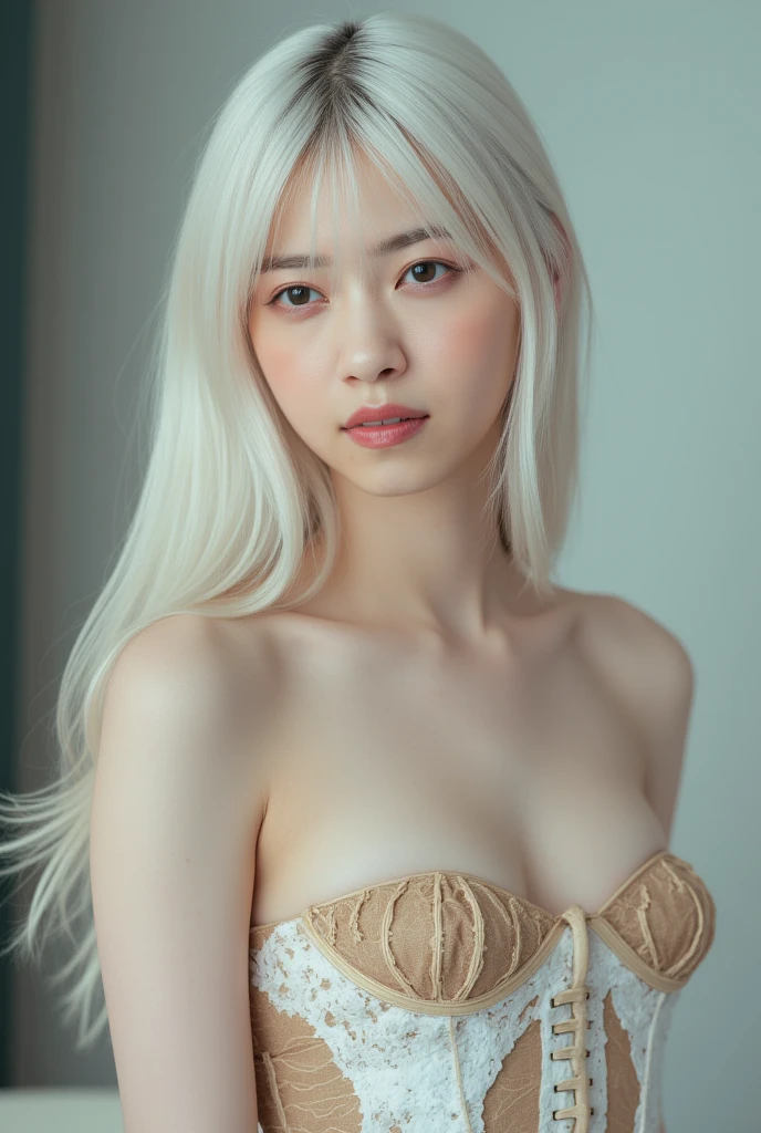 White-haired beauty、Completely naked、I can see her boobs、Pink nipples are visible、With cheeks red in embarrassment、beautiful girl、Smile、looking at the camera