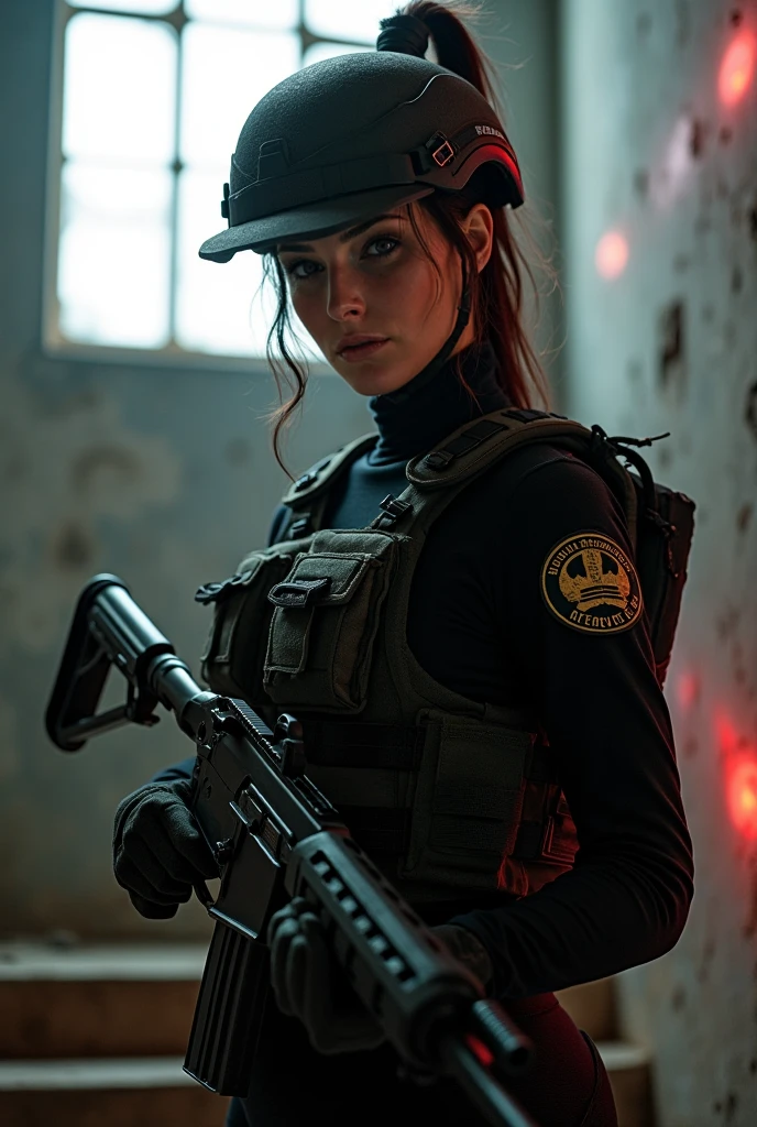 STAR15Mod, (Masterpiece), (Best quality), (Ultra detailed), (Best illustration), (Best shadow), Looking at viewer, Military woman shot, Tactical equipment, Tactical bags, (gas mask:0.8) , Tactical armor, assault rifle, Holstered pistol, (frown:1.3), 1 woman, only, wet shiny skin, bloody, ruined city, Fire