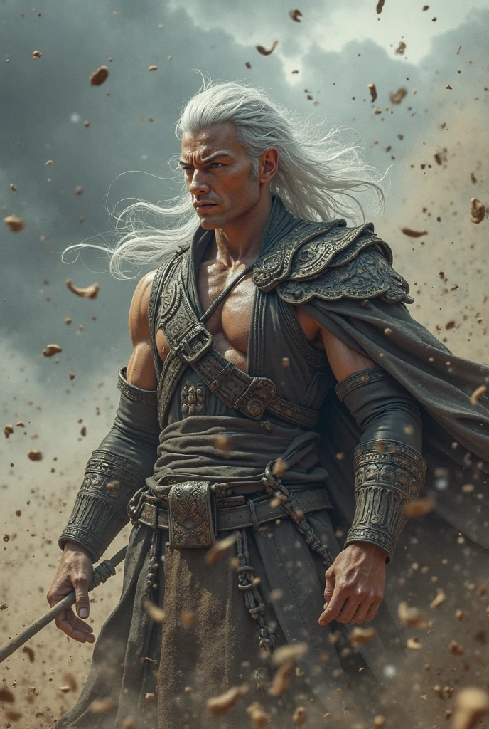 elf man, White hair, athletic body and dark clothes, carries a sword in his hand