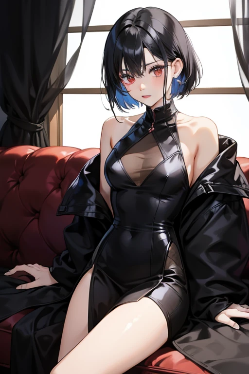 ((8K, High resolution, masutepiece)) 1 woman ((Solo)) 、Short hair, Black hair, Blue inner hair, ((demonic horns))、Blue eyes, ear piercings, Black off-shoulder、Laugh、Sit by the window、view front、night city background