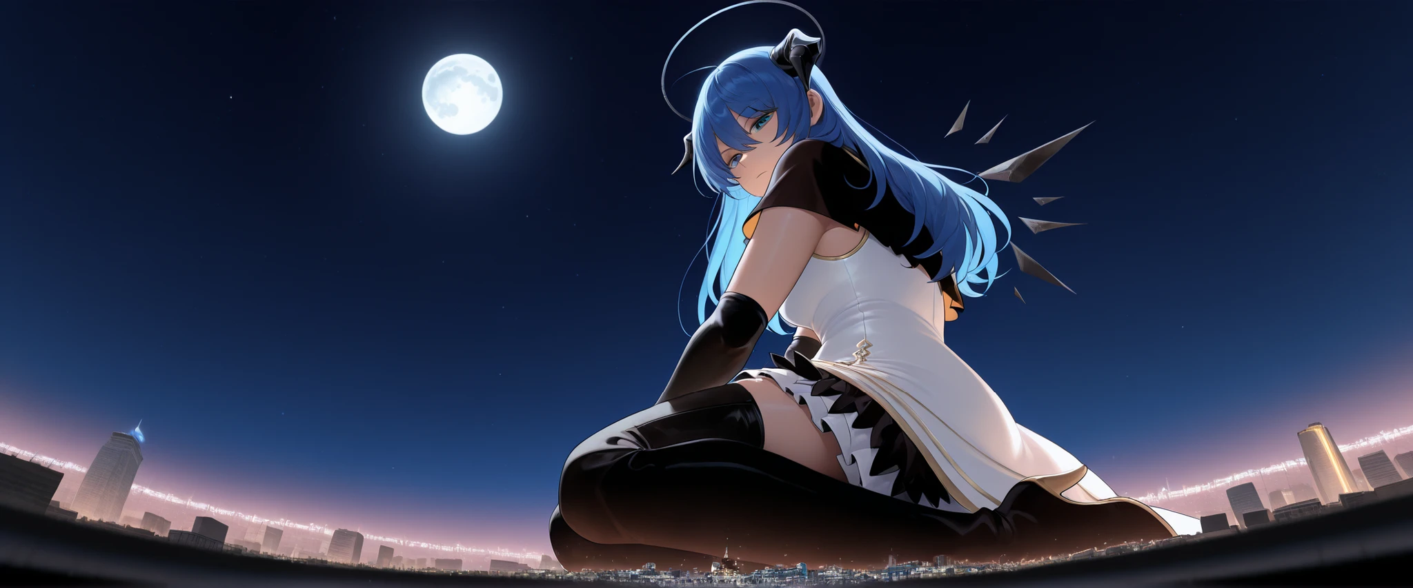 score_9_up, score_8_up, score_7_up, (face down:1.4), most1maspell, black wings, energy wings, detached wings, long hair, blue hair, hair between eyes, black horns, demon horns, black halo, blue eyes, black capelet, layered dress, white dress, black dress, black gloves, elbow gloves, partially fingerless gloves, black pants, thigh cutout, (giantess:1.4), microcity, 1girl, solo, collapsed city, Outdoors, Night Sky, moon, night, Dark Night, wariza, (from below:1.4), masterpiece, best quality, masterpiece, best quality
