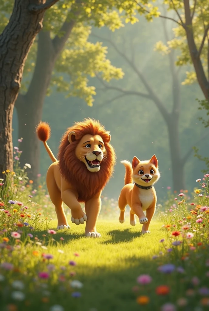 The camera pulls back to reveal Sheru the lion walking away with a strong, confident stride, his back to the viewer. In the foreground, Foxy sits alone, her posture slouched and her face thoughtful, contemplating her actions. The forest around them is dense, with a path that Sheru is leaving behind