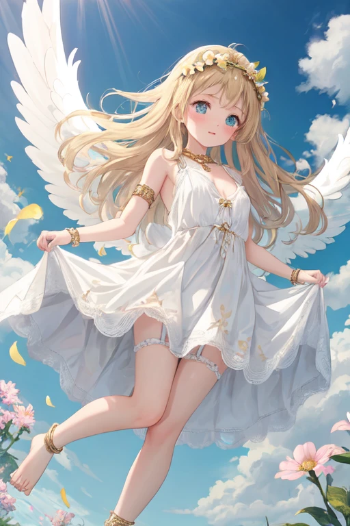 Create a charming female character named Lucia, uma jovem celestial com asas angelicais deslumbrantes. Lúcia has golden hair that shines in the sunlight, sparkling blue eyes like the sky and a graceful, engaging presence. Your beauty is ethereal, combining an attractive physique with a divine aura. Describe a scene where Lucia is in a heavenly garden, her wings reflecting the light around her as she interacts in a charismatic and captivating way, displaying both her charming appearance and her sweet and attractive personality