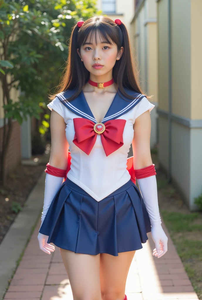 16K quality、highest quality, high resolution, real photos, (Super realistic、photorealistic)、(((long shot、standing full body image)))、(((Full moon night shrine、outdoor shrine、Stone torii gate))) 、(((sailor mars)))、(((sailor warrior、big red sailor collar、ハイウエストのbright red pleated mini skirt、Ultra-thin skin-colored stockings、star earrings、V-shaped skirt waistline、red high heels、purple ribbon on chest)))、(((bright red pleated mini skirt)))、(((gold tiara)))、(((white long gloves:1.5)))、((long black hair、Dynamic Hairstyle、Black super long hair))、(((赤いミニスカートを自分で捲り上げているsailor mars)))、(((Grasp the hem of her bright red miniskirt with both hands and roll it up to reveal her white panties.)))、((Pure white high-leg panties))、((Very erotic appearance))、(((I'm enchanted、open your mouth、I'm exhausted)))、 (((ecstatic expression、A face full of pleasure、feel ecstasy、reach the climax、Eyebrows and outer corners of the eyes drop)))、embarrassing、red choker with gold starasterpiece、highest quality、(((Pure white high-leg panties)))、delicate body、slim、beautiful legs、barefoot、(Big eyes、very beautiful and modest makeup, Makeup is light,)、(Cute Japanese girl in her 20s)、perfect body、perfect hands、perfect hands指、detailed and beautiful lips、Clear, beautiful face and well-proportioned eyes、highly detailed eyes and face、well-groomed nose、thin eyebrows、(perfect eyes)、 (F cup breasts)、 border light, (soft light, high quality, smooth and sharp, 10x pixelization, beautiful eyeshadow),((NSFW))、(cute japanese girl)、detailed and beautiful lips , cute round face, plump thighs、emphasize the thighs、hairstyle with bangs、delicate body、slim、skin that reflects light、model body shape、detailed fingers、beautiful eyes、long eyelashes、8head and body、Low - Angle、light reflected in the eyes、smaller face、double eyelid、big eyes、lip gloss、looking at the camera、background bokeh、Movie lighting from the front、light on the face