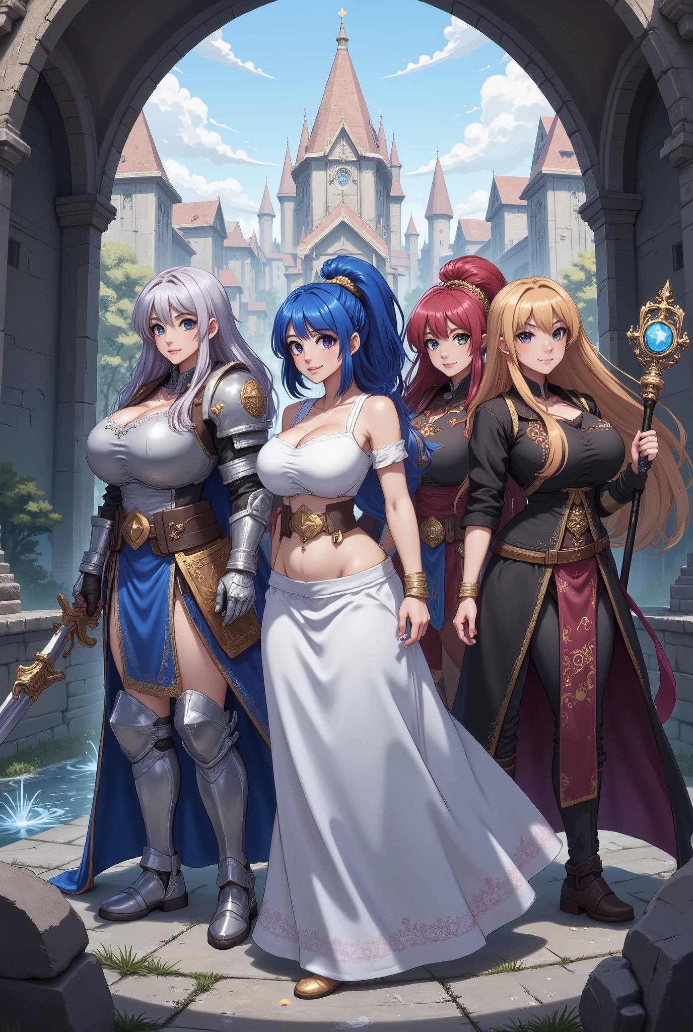highest quality、High resolution、8K、cute beauty、detailed background、beautiful and detailed face、beautiful and smooth skin、skin texture、Beautiful teenage girl、(5 women)、(big breasts:1.2)、Anime series featuring warriors of justice.、Each character comes with a different colorful dress and accessories.。