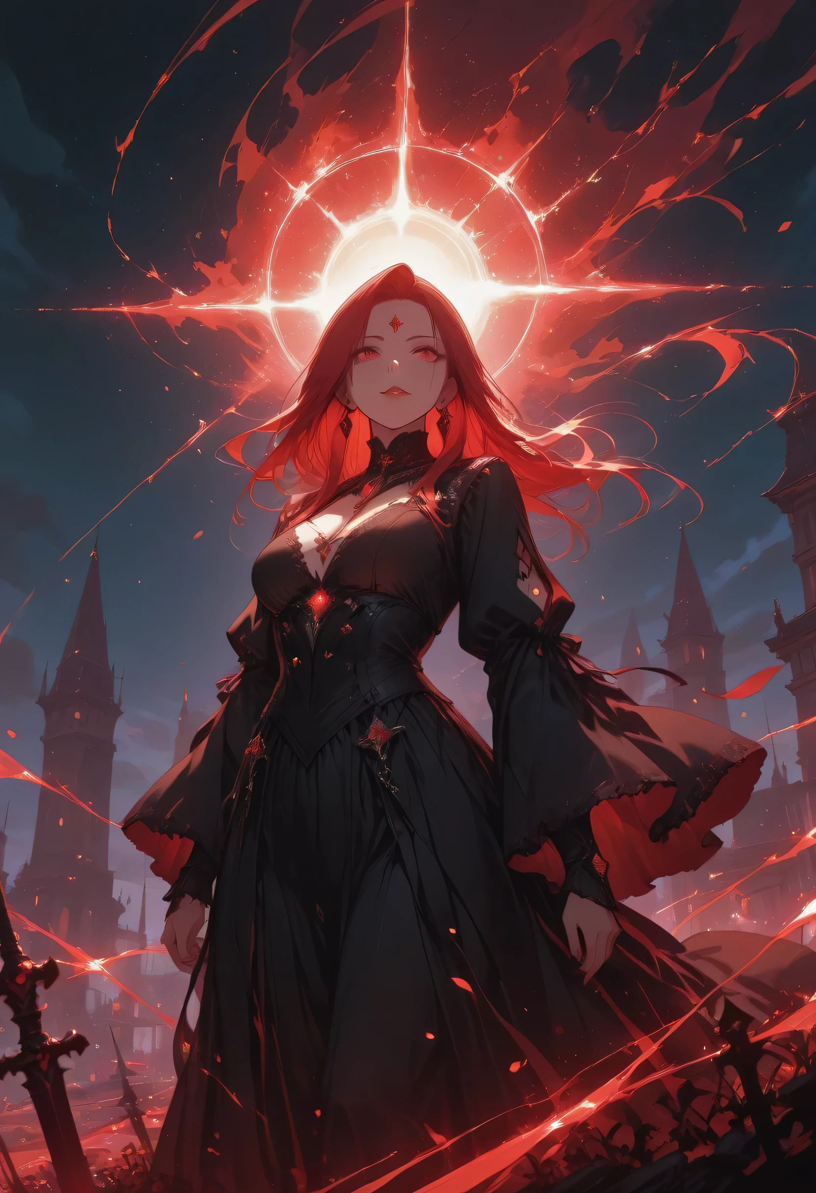 a picture of a young female vampire as she is looking into the infinite stars in the night sky the stars are reflected in her eyes, a beautiful mature female vampire, dynamic hair color, dynamic skin complexion, wearing dynamic dress, looking into the stars, the stars are reflected in her red eyes, night sky, many, many shining stars, various colors stars,  vibrant, Ultra-high resolution, High Contrast, (masterpiece), highest quality, Best aesthetics), best details, best quality, highres, 16k, [ultra detailed], masterpiece, best quality, (extremely detailed), glowing,ember, fantasy, fflix_ufantasy