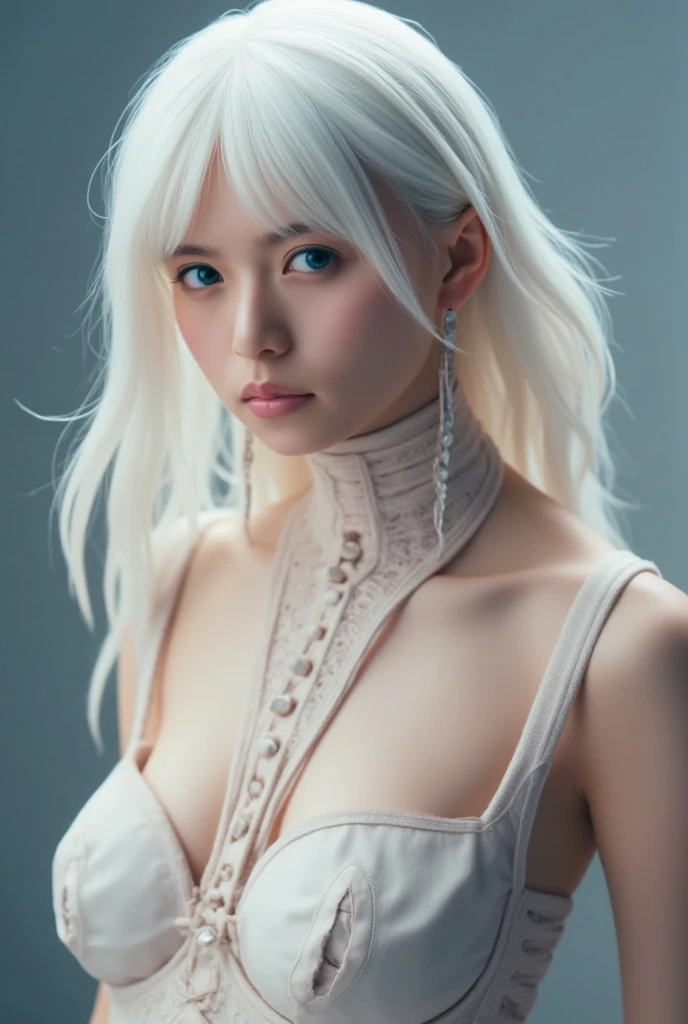 Bai Ling_glitch_Influence,(Kaneko:1.2),low angle shot,ultra wide angle lens,exuding a sense of destruction,1 girl,white hair,