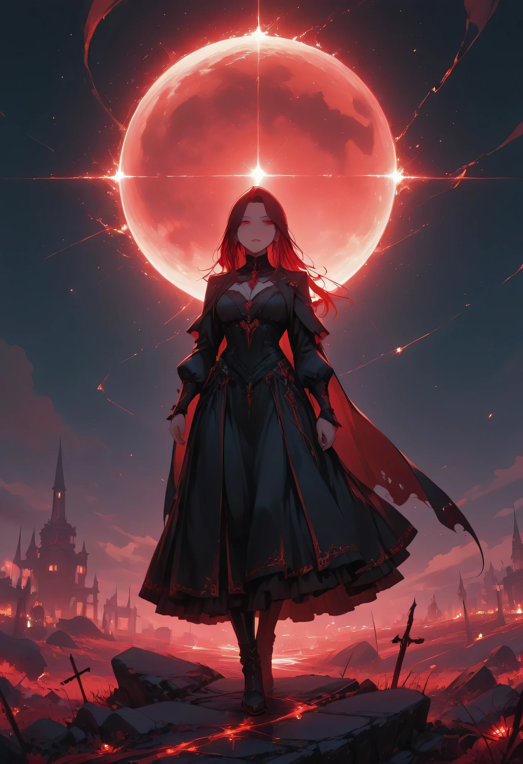a picture of a young female vampire as she is looking into the infinite stars in the night sky the stars are reflected in her eyes, a beautiful mature female vampire, dynamic hair color, dynamic skin complexion, wearing dynamic dress, looking into the stars, the stars are reflected in her red eyes, night sky, many, many shining stars, various colors stars,  vibrant, Ultra-high resolution, High Contrast, (masterpiece), highest quality, Best aesthetics), best details, best quality, highres, 16k, [ultra detailed], masterpiece, best quality, (extremely detailed), glowing,ember, fantasy, fflix_ufantasy