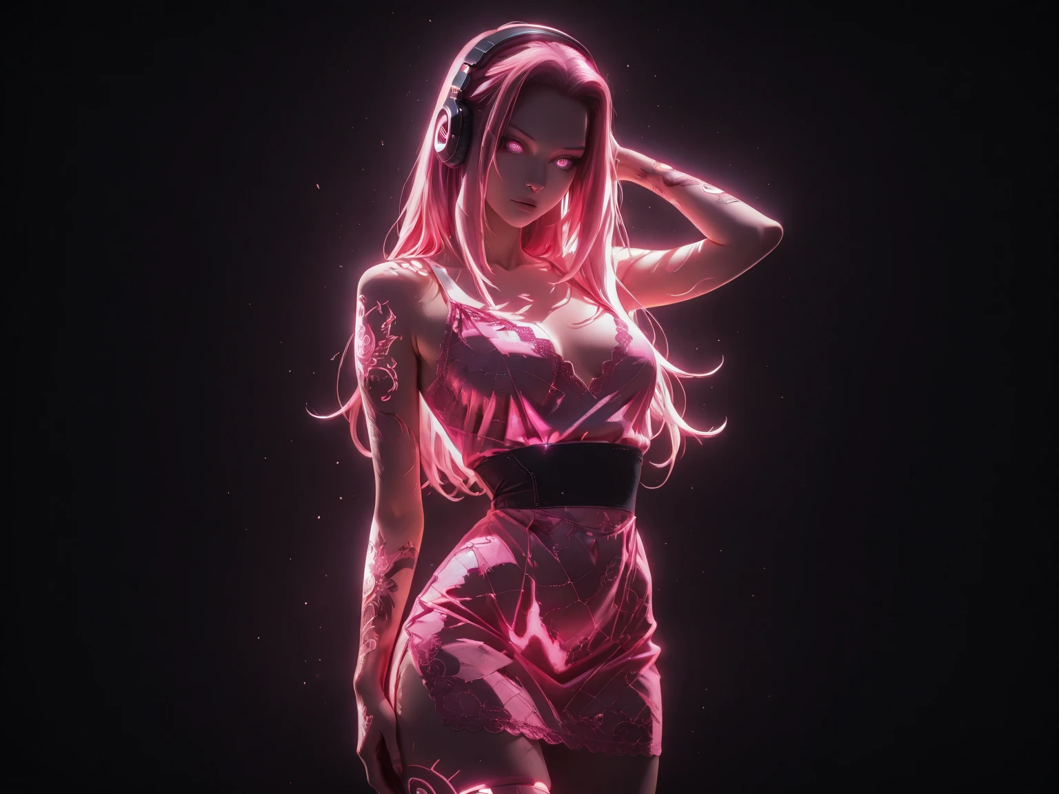 (ultra-realistic, 32k, masterpiece: 1.2), (high detail skin: 1.1), (high quality: 1.1), makeup, mascara,holo punk style, tattoo, punk spikes (light pink oversized pullover) , black leggings:1.1),, (torn clothes:1.1),,(looks at viewer, standing, top:1.1),, huge breasts,(soft dim neon light:1.1), space, space, space background, blurred background, black jumpsuit