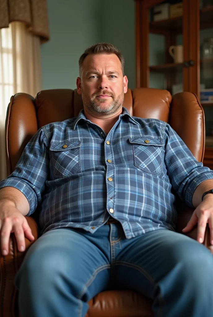 Man 40 years old, very fat, in shorts and a t-shirt, he sits on an armchair in the living room, looks at the camera and smiles.
