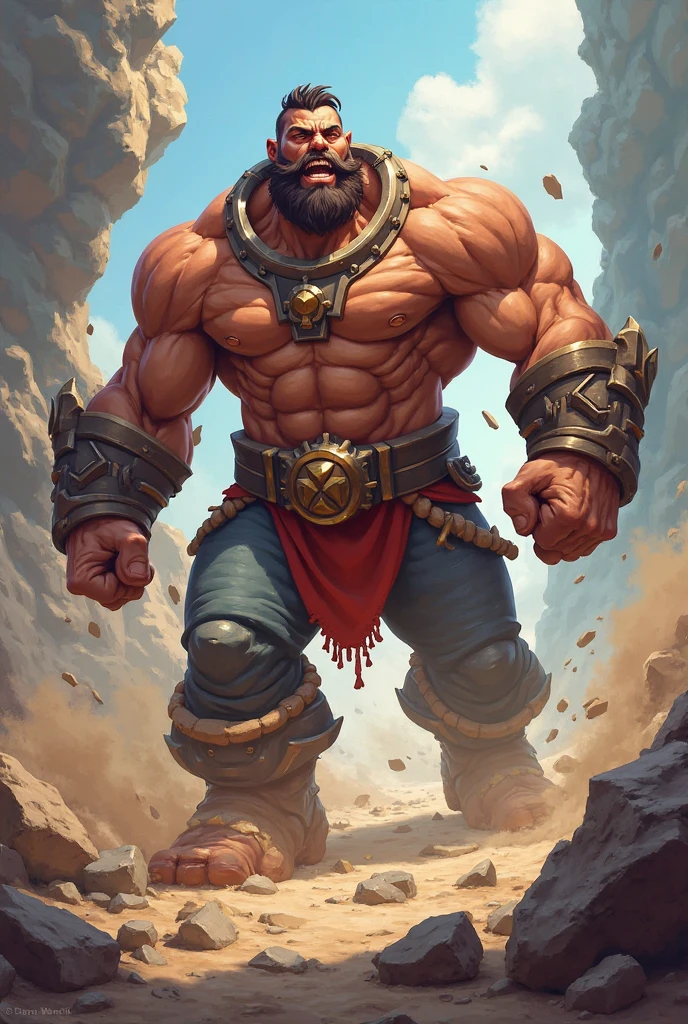 A burly, virile, and extremely hairy man who exudes an overwhelming sense of power and masculinity. His body is overmuscular and musclebound, with bulging veiny muscles that seem to strain against his skin. Broad shoulders and a wide chest adorn his massive frame, while his arms and legs are overly thick and defined, making him appear incredibly strong and imposing. His thick body gives him a hulking figure, with swelling muscles that seem to burst from every angle. The man sports a long, bushy beard and a thick mustache, adding to his rugged and masculine appearance. His grey hair only serves to further emphasize his age and experience, yet it does nothing to diminish his intimidating presence. His square-jawed face is set in a stoic expression, conveying determination and strength of character. Dressed only in a loincloth that struggles to contain his massive physique, this virile, hairy man stands tall and proud, exuding an aura of raw masculinity and unbridled power.