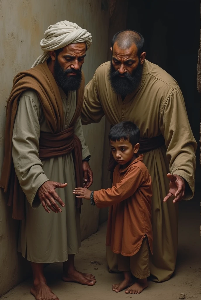 A poor Muslim man is lamenting his fate with his wife and children. 