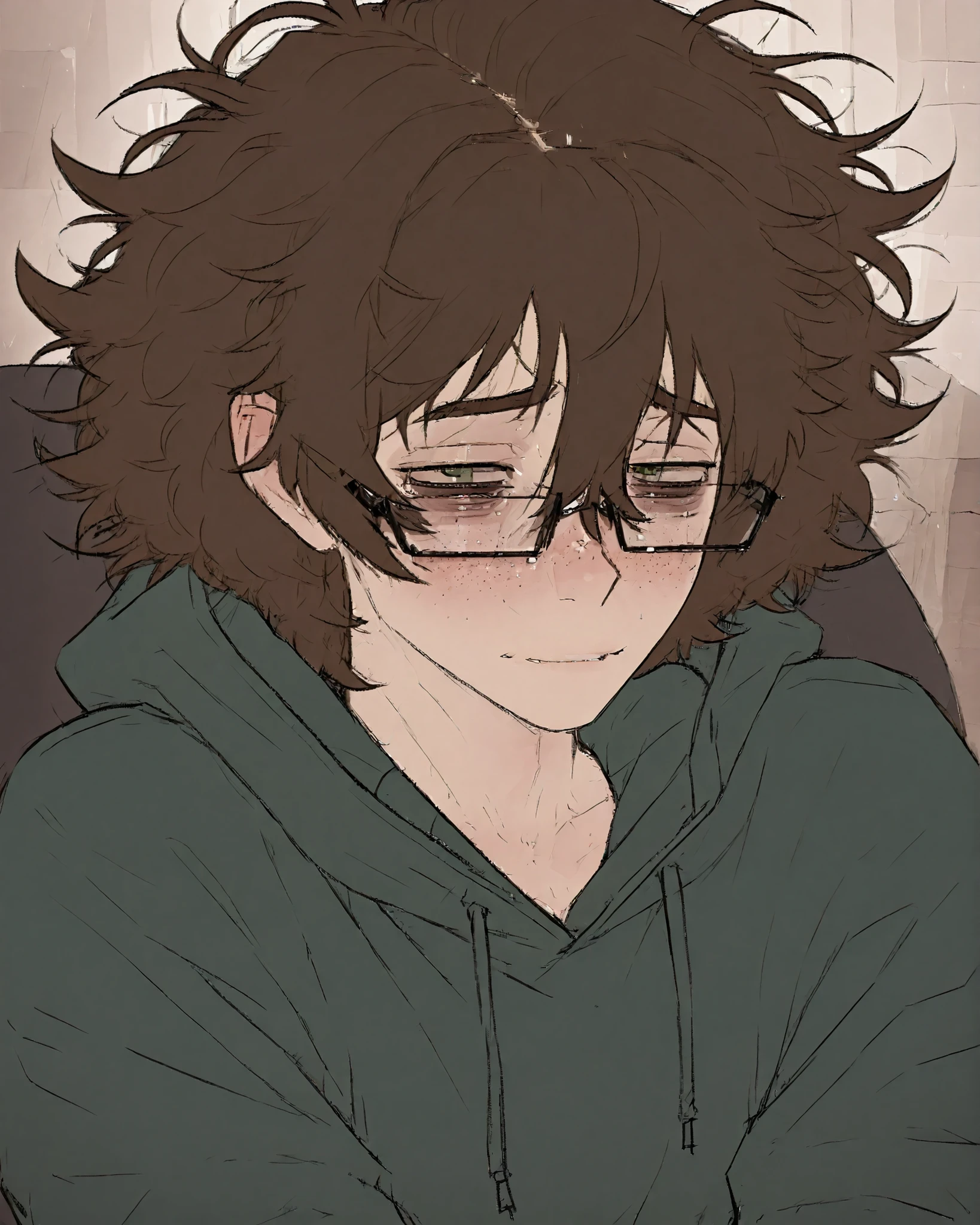 1boy, Masterpiece, Best Quality, High Details, High Quality, barneylacryboy, glasses, fluffy hair, messy hair, brown hair, freckles, green eyes, lean, short hair, hair between eyes, bags under eyes, nerd, dark green hoodie