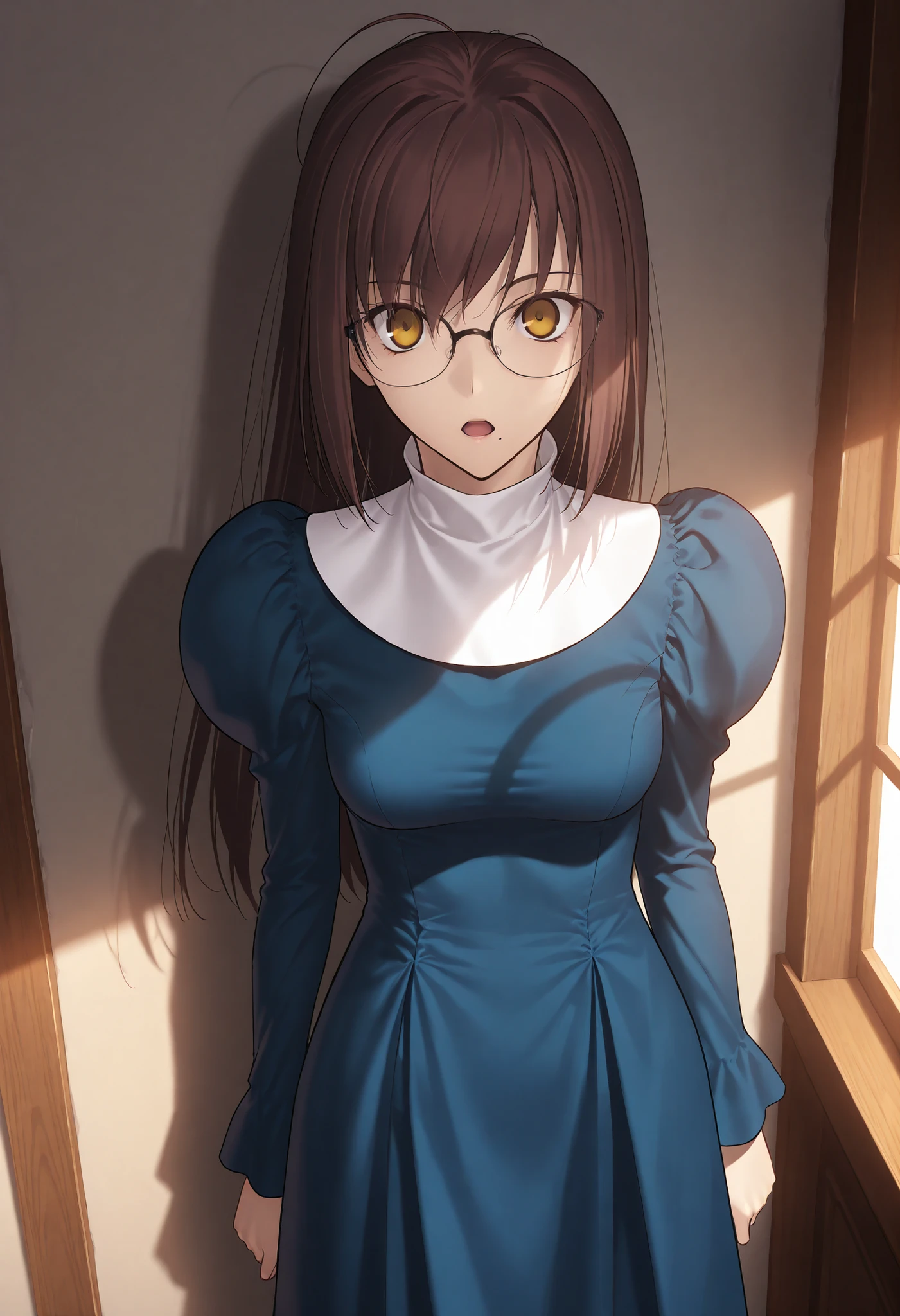 masterpiece, , absurdres, highres, detailed background, high resolution, masterpiece, necessary, detail, best quality, quality, necessary, details, High details, Precise, indoors, church, (dappled sunlight), day, lens flare, blurry background, from above, solo, ,
1girl, , (type-moon,) style, koyama hirokazu style, upper body, on wall, closed mouth, mole under mouth, light open mouth, surprised,
tall girl, mature, slim body, slender body, 1girl, solo, Kuonji Alice ,brown hair, long hair, black frame glasses, amber eyes, ,ahoge,(asymmetry bangs, swept bangs), ,nun, dark blue dress, long dress ,cowboy shot, ,, medium breasts, ((looking at viewer, looking up)) ,, (aged up:1.5), ,
