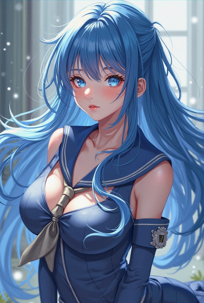 blue eyes, (highest quality, masterpiece painting:1.3), immature woman, 16 years old, (half body shot), masterpiece, ultra high resolution, (Photoreal:1.0), blue hair, side ponytail, straight hair, beautiful shining hair, white and shining skin, ((Ultra realistic details)), octane rendering, highly detailed face, (big breasts:0.8), ((Heart with both hands:1.0)), She wears stunning costumes inspired by Belle Époque style, flowing blue dress decorated with lace and ribbons, (clothing: blue belle époque dress with lace and ribbons),cleavage, perfect body, soft skin, anime face, perfect face, perfect eyes, looking at the viewer, smart, snow scene, ((snow falling)), ((fantastic night)), ((outdoors)), sharp focus, intricate details, professional artwork, (bright colors:1.1), bright colors, diffused lighting, digital blending, ultra-definition body, ultra detail hair, super detailed face, that'It's trending on pixiv, top button open, Cute gaze, compensate, perfect lips, perfect compensate, Ultra-precision coating, (light_smile:0.8), (Very embarrassed:1.2), blush your nose,