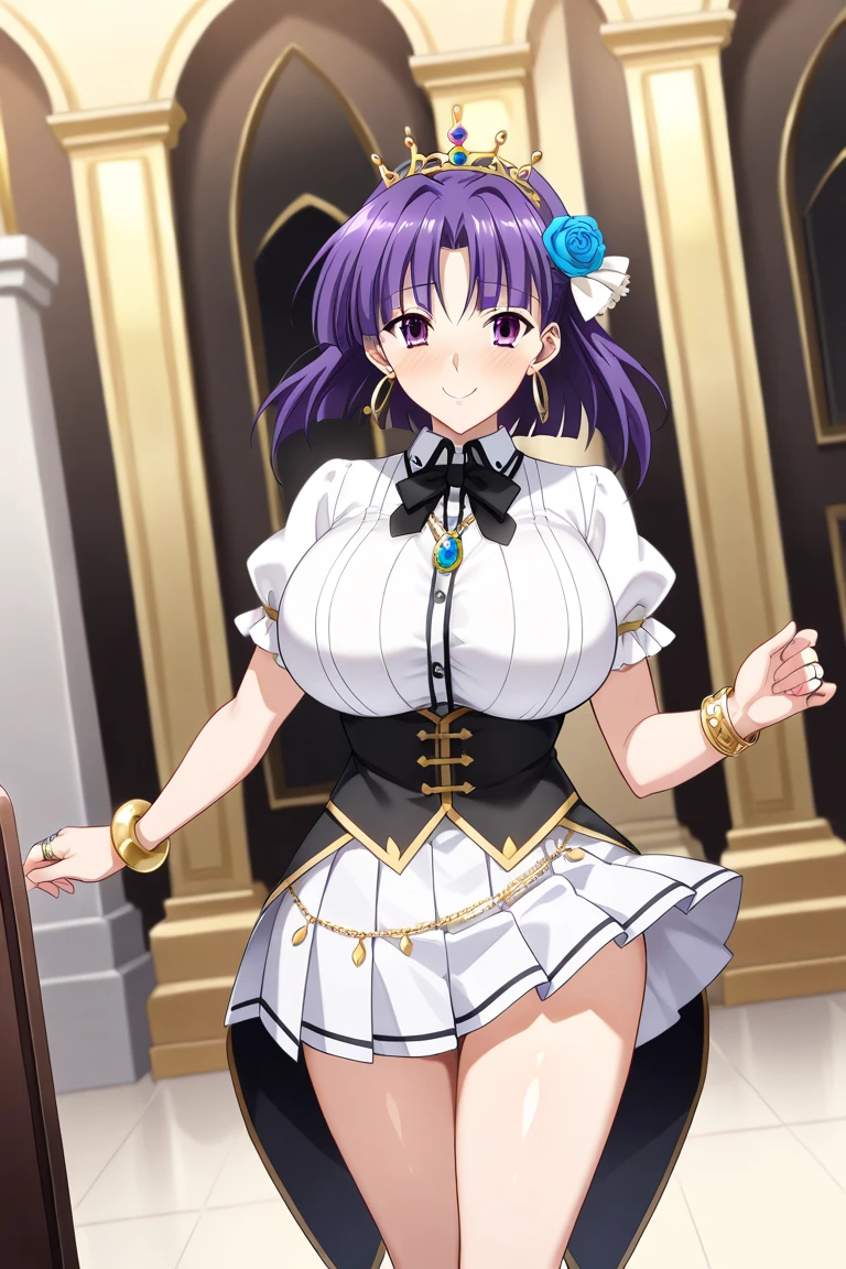 (masterpiece), best quality, intricate details, ultra details, ultra quality, rule of third, (looking at viewer), detailed face, detailed iris, glossy lips, 1girl, solo, long hair, purple eyes, hair between eyes, purple hair, hair intakes, bangs, :D, full body adult, large_breast, pink dress, inside, royal banquet, curtsey, big_breast, perfect_body
