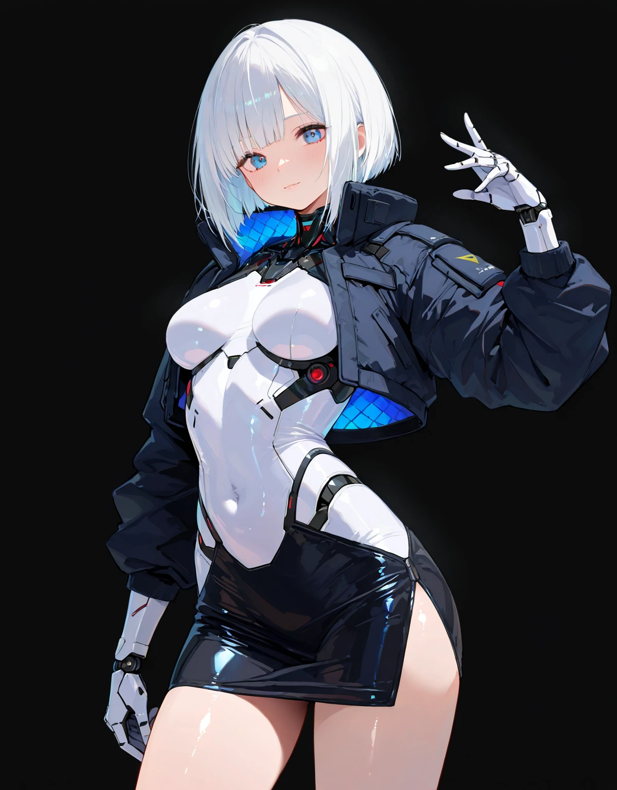 1girl, techwear swimsuit, blue eyes, white hair, ultrasharp, short hair, 8k, looking at viewer, mean stare