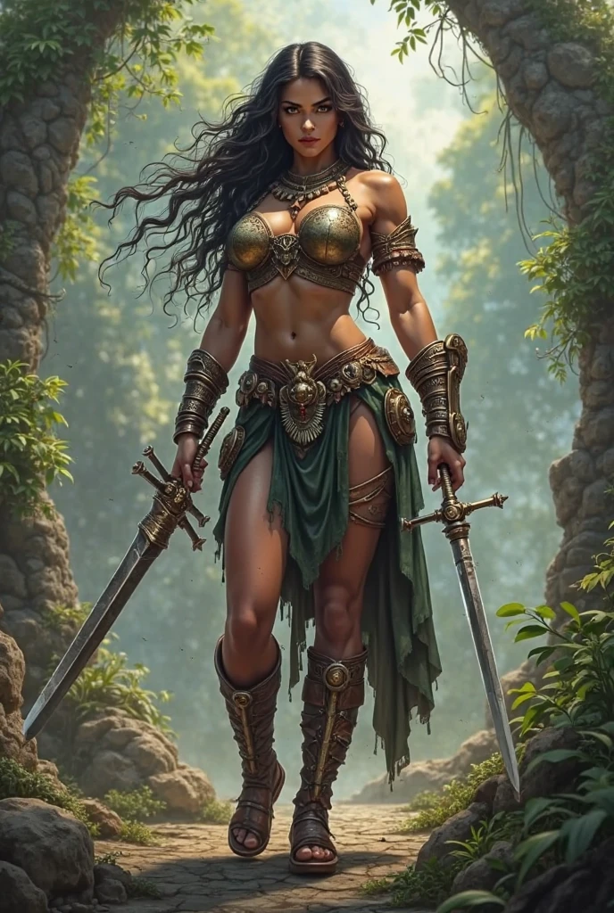 (highres:1.2),ultra-detailed,(realistic:1.37),beautiful african,half-orc warrior, soft facial features, (((green skin))), (((chainmail armor))), (((chainmail bra))), red eyes, (((wielding a battle axe))), long wavy hair, on a battlefield, fighting demons, low lighting,shackles,desperate look,fine artwork,detailed background,soft shadows,vivid colors,surreal atmosphere,subtle textures,very beautiful,emotionally charged, (((no nude))), full body pose