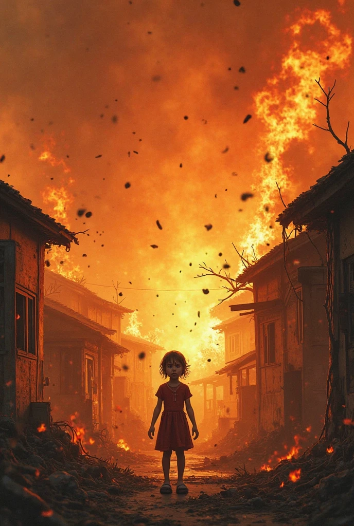 There must be houses destroyed by fire and the child in the middle realistically
