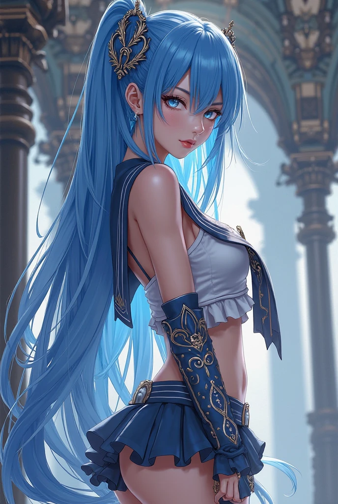 (Best quality, sketch:1.2),realistic,illustrator, Aqua Konosuba,anime,1 girl, detailed lips, blue hair, hair ornament, necklace, bare shoulders, green bow, blue shirt, cut off sleeves, blue skirt, thigh high, black and red gradient background,neon hair,Textured trim, masterpiece, retro classic style, black style , 