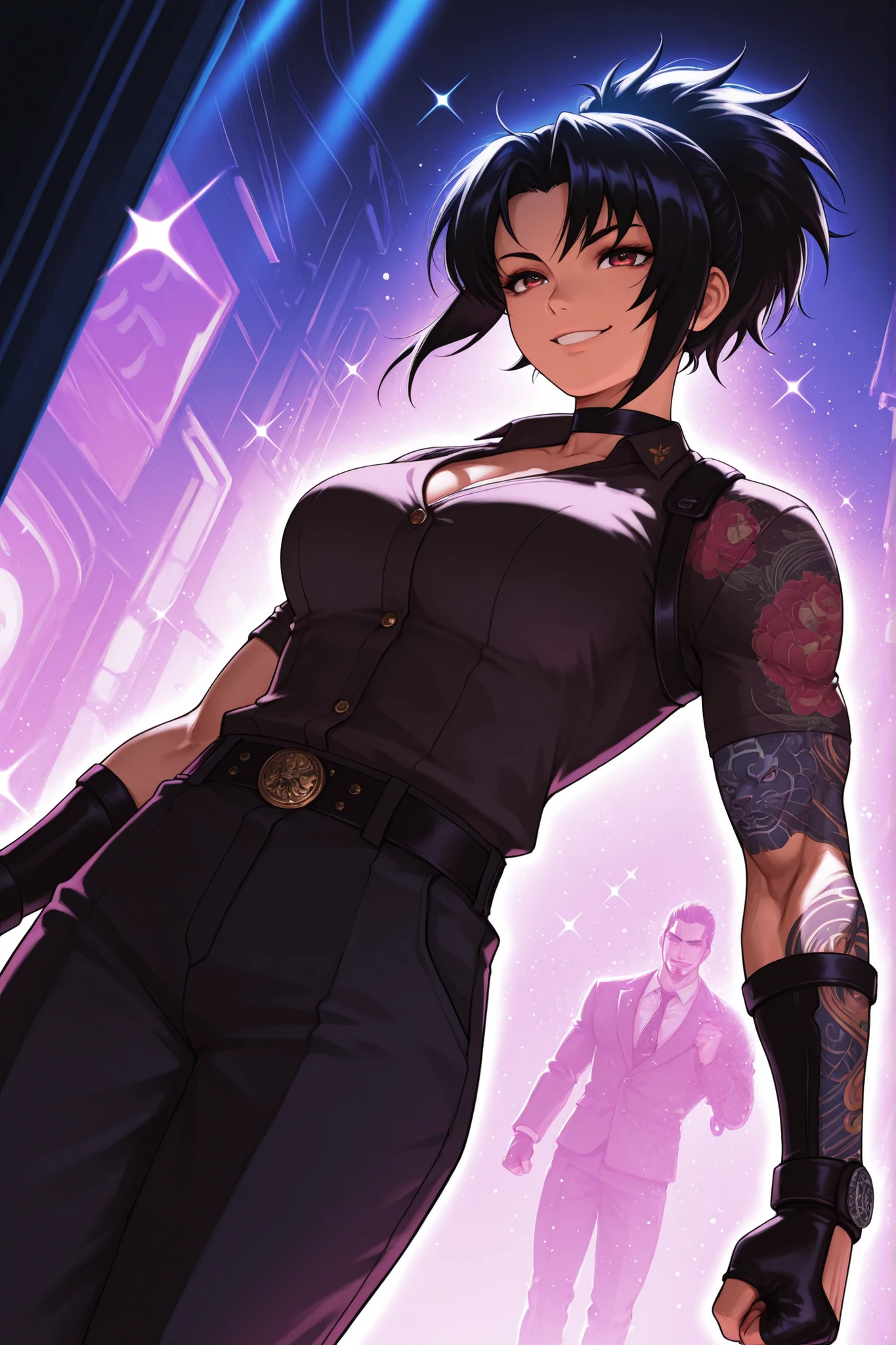 1girl, smile, iridescence, dramatic angle, apartemen, (floating colorful sparkles:1.3), Dramatic Lighting, Chiaroscuro, Evocative Depth, muscular,Yakuza tatto, bad girl vibe'