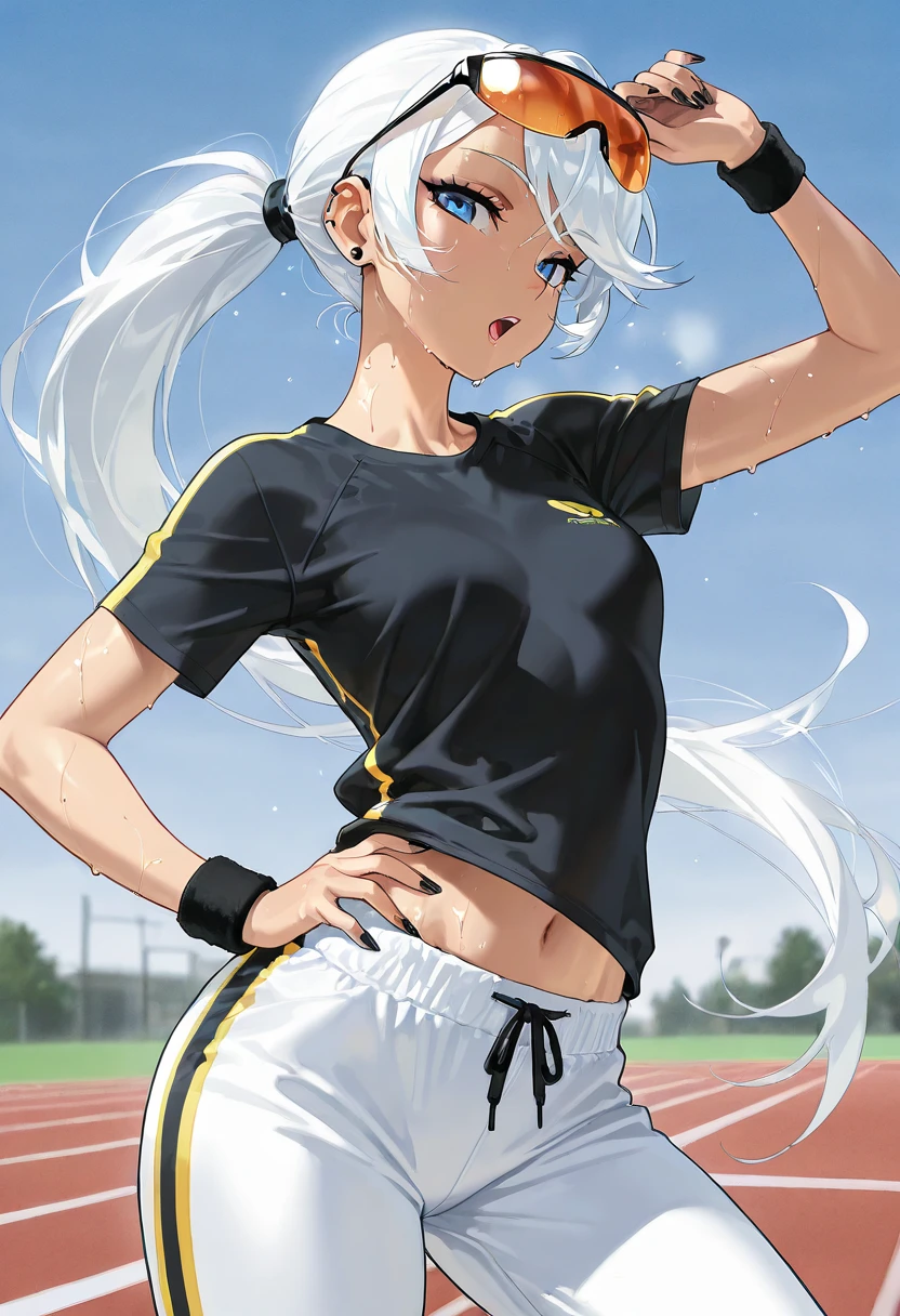masterclass, best quality, ultra-detailed, 1girl, solo, illustration, warm lighting, gaeun, white hair, yellow eyes, long hair, messy hair, very long hair,
pony tail, expressionless, sportswear, one eye closed, cross-body stretch, arm across chest, stretching, standing, legs, track and field, field day, outside, sky, clouds, day, linea alba, athletic, athletic body, stomach, midriff
<lora:gaeun_anythingv3:0.65>