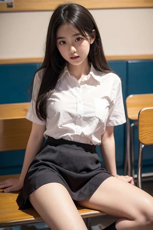 Photo of a beautiful Japanese  woman sitting on chair in class room,,after school,spread  legs ,Lift up your skirt and show your panties,