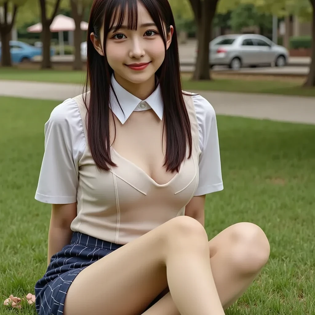 Pure Japanese school girl, sexual temptation, outstanding body, beautiful legs, natural short hair, wearing uniform, panty, sweet smile, sitting on bench, refreshing in early summer park, composition from the front,